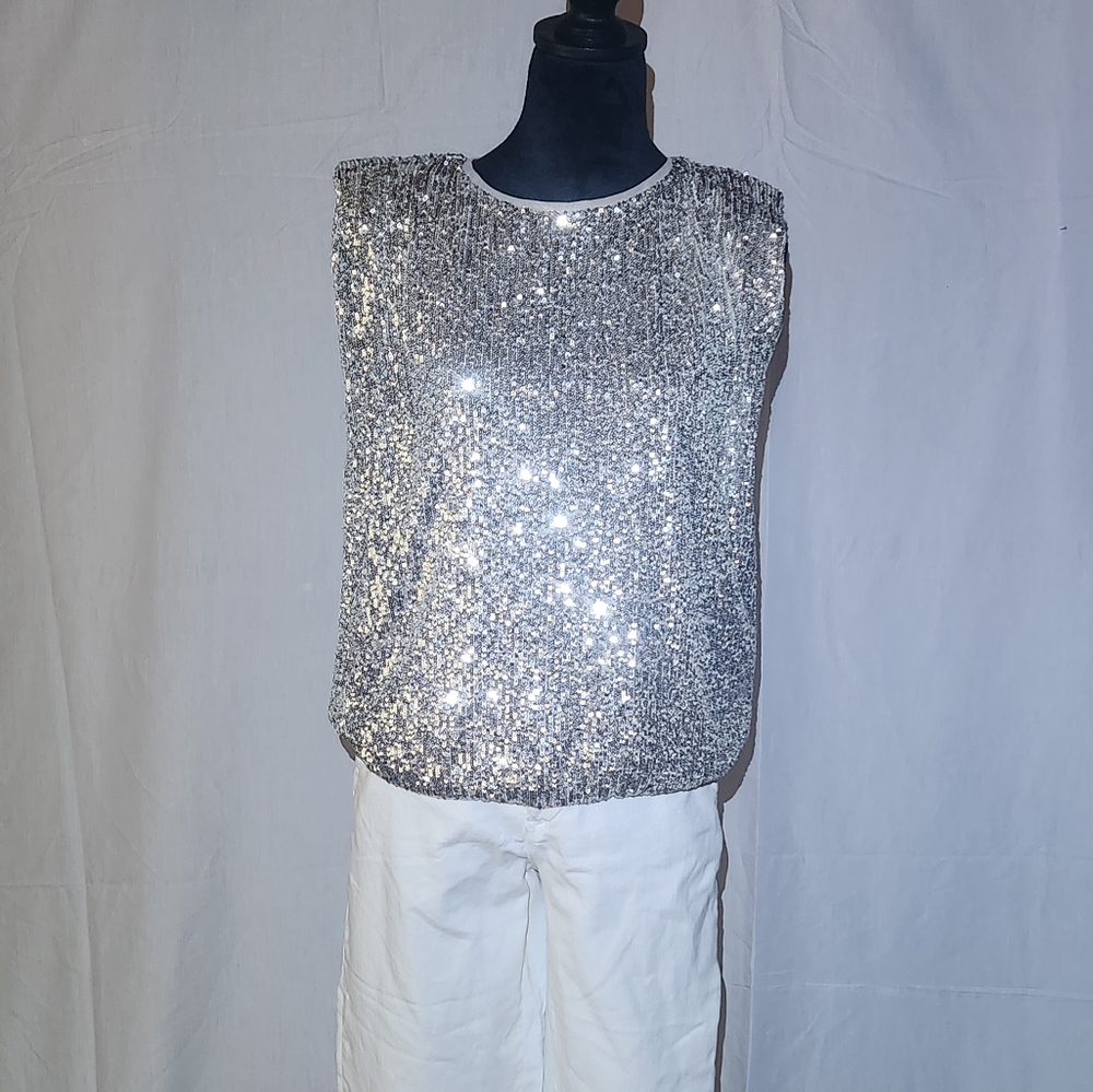 Glamorous Silver Sequin Padded Shoulder Top Edegely by Maurices